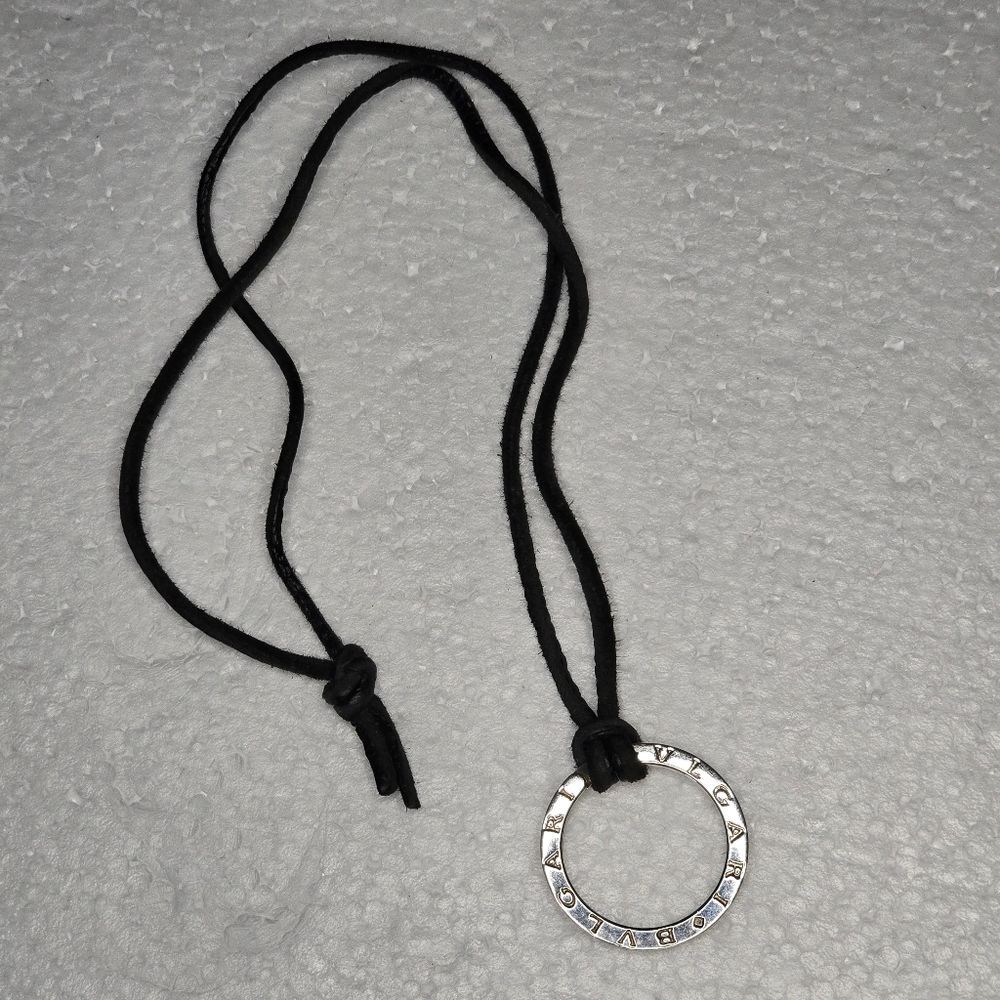 Bvlgari Sterling Silver Keyring Charm with Black Leather Cord Necklace